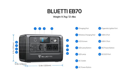 BLUETTI EB70 Portable Power Station – 1,000W AC Output, 716Wh LiFePO4, Solar-Ready & Ultra-Reliable