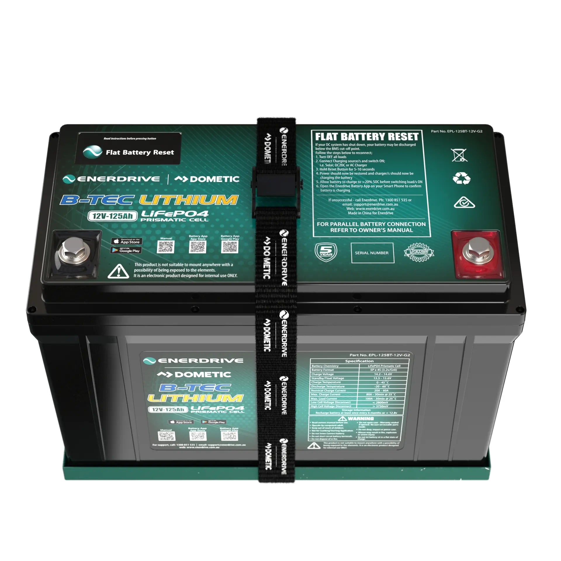 Enerdrive B-TEC 125Ah lithium battery – top view