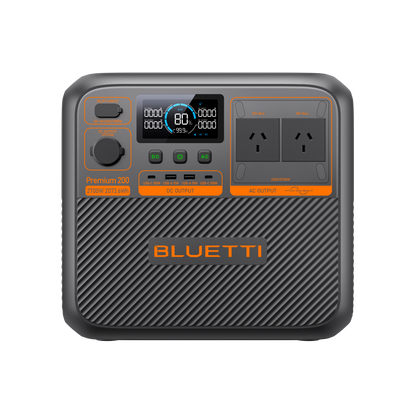 BLUETTI Premium 200 V2 Portable Power Station with a display screen, multiple power outlets, and a black casing with orange accents.