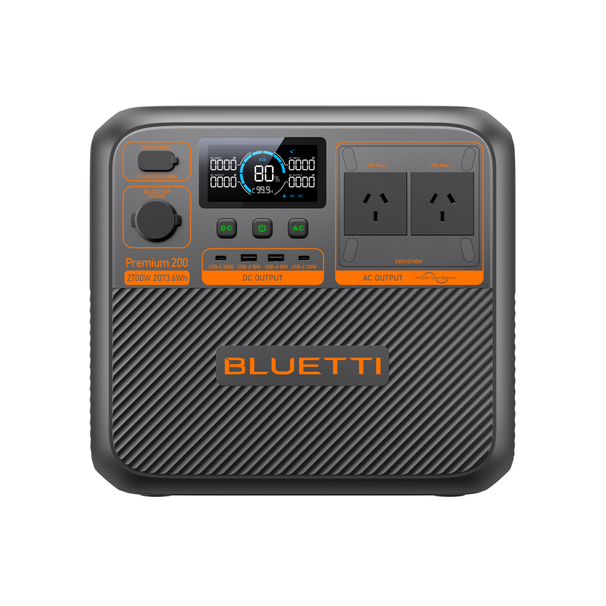 BLUETTI Premium 200 V2 Portable Power Station with a display screen, multiple power outlets, and a black casing with orange accents.