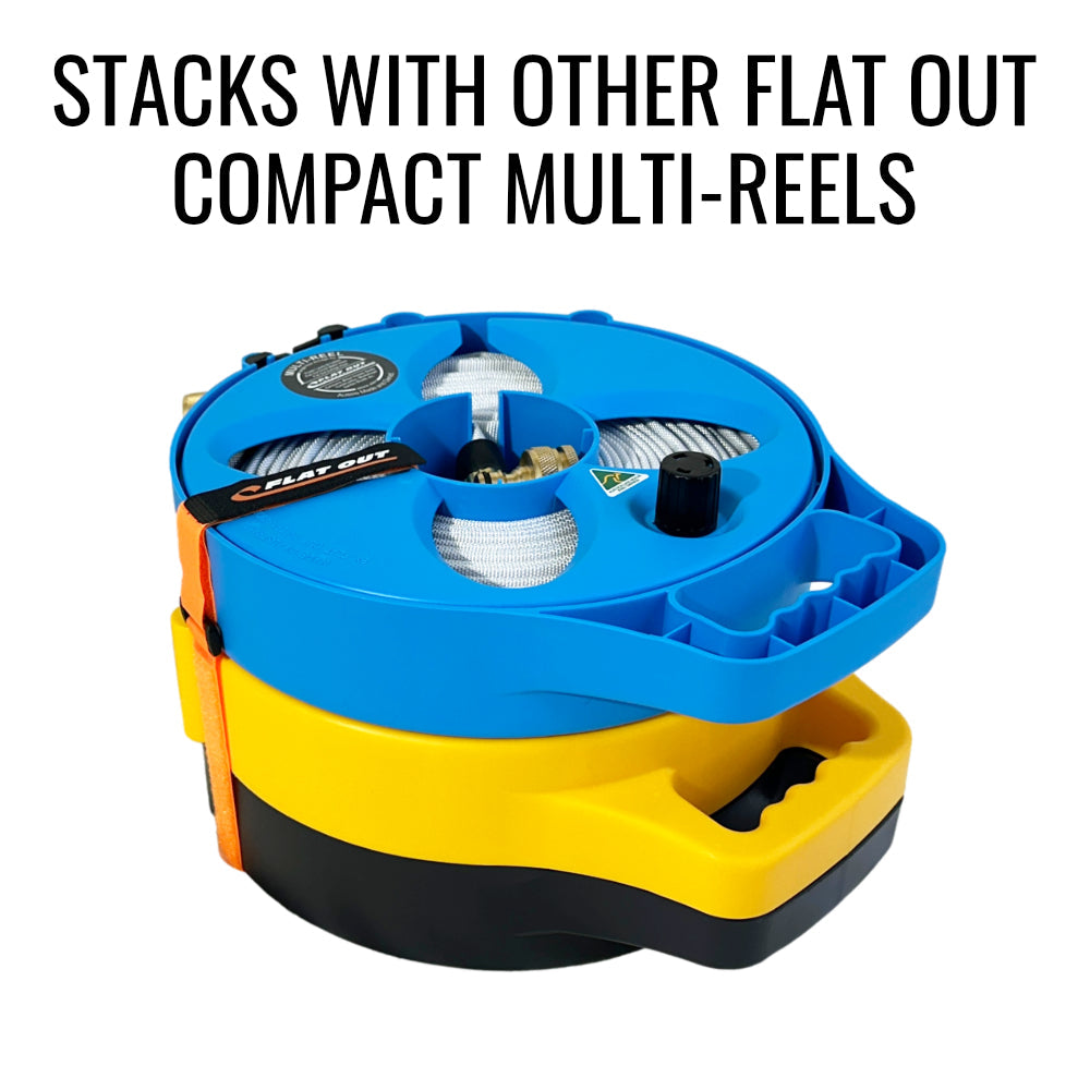 Flat Out Compact Multi Reels stack of 3 reels held together by a strap.