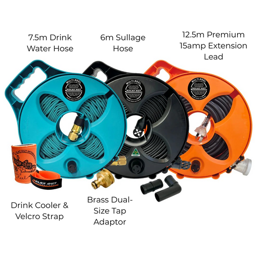 Flat Out V1 kit showing 7.5m drinking hose, 5m sullage hose, and 15A extension lead on compact reels