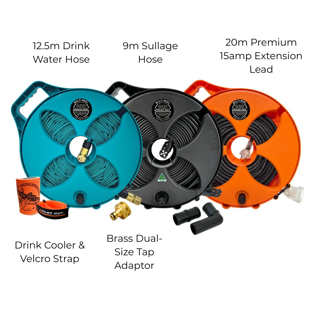 Flat Out V1 kit showing 7.5m drinking hose, 5m sullage hose, and 15A extension lead on compact reels