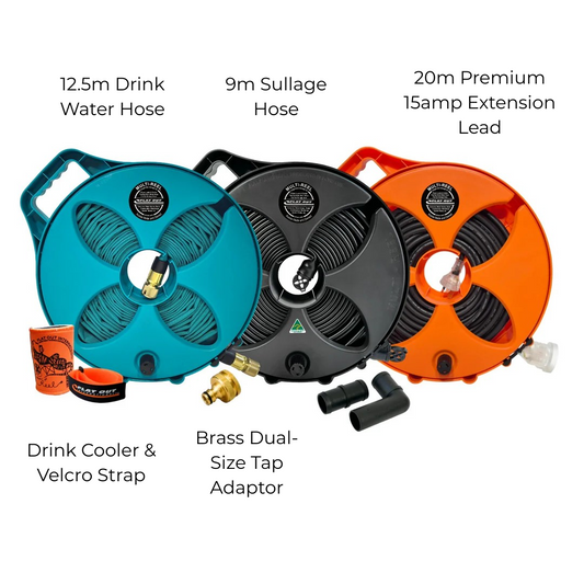 Flat Out V1 kit showing 7.5m drinking hose, 5m sullage hose, and 15A extension lead on compact reels