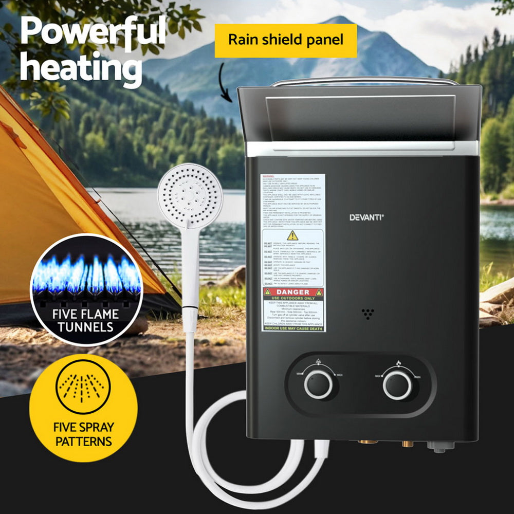 Devanti Portable Gas Water Heater – Outdoor Camping Shower (Black)