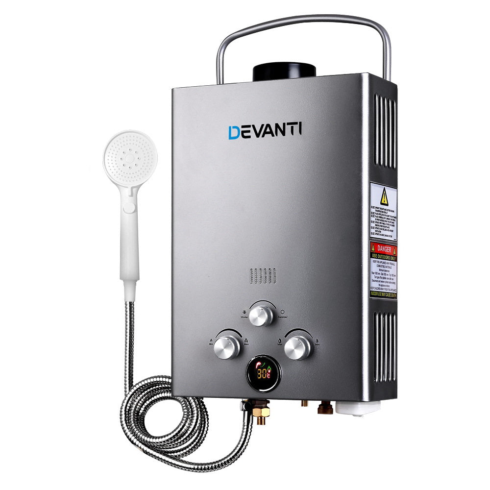 Devanti Portable Gas Water Heater – 8L/Min LPG Outdoor Hot Water Shower System (Grey)