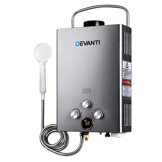 Devanti Portable Gas Water Heater with 12V Pump – 8L/Min LPG Outdoor Hot Water System (Grey)
