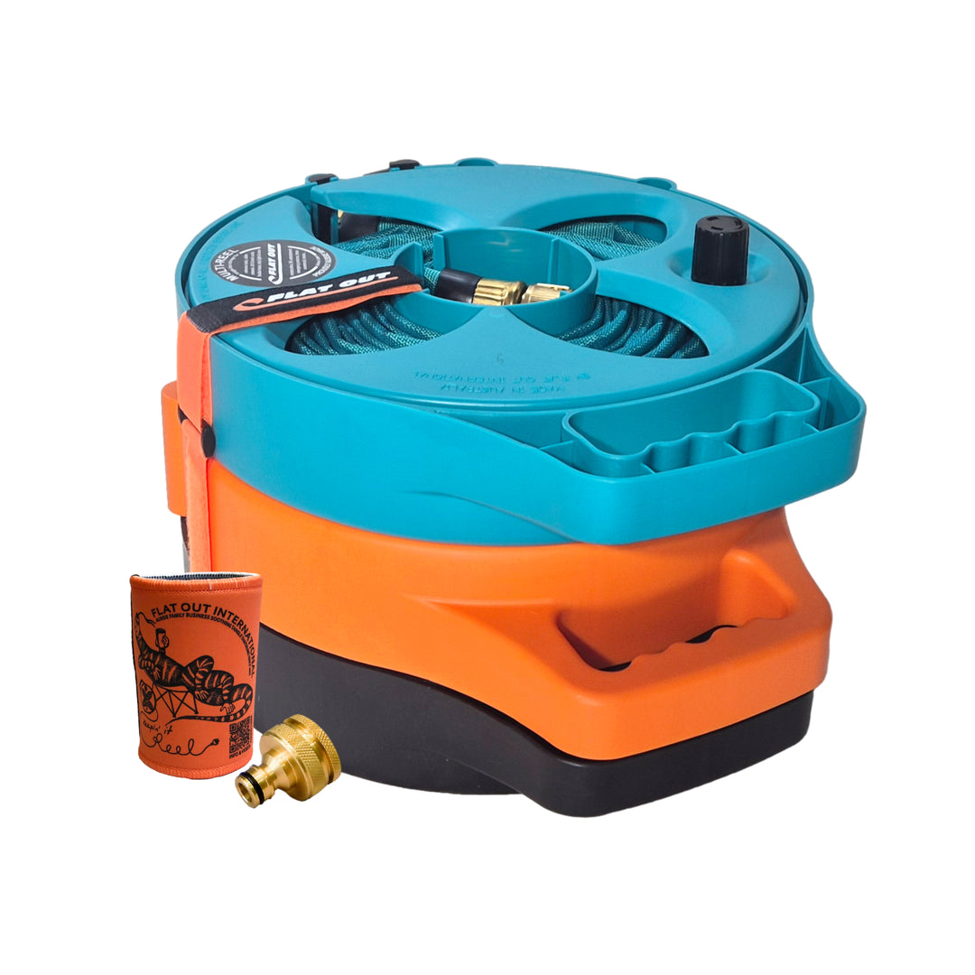 Flat Out Multi-Reel Kit showing a drink water hose, sullage hose and electrical extension lead in a stack