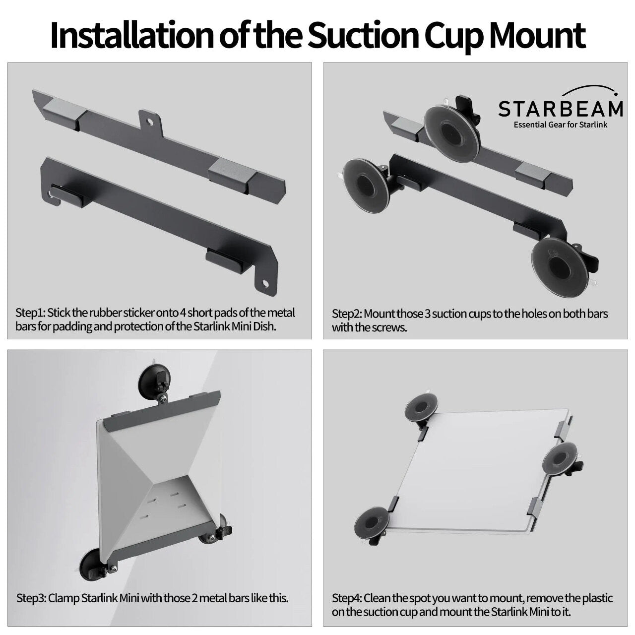 Step-by-step installation guide for Starlink Mini triple suction cup mount showing assembly of bars, suction cups, and final mounting position