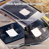 Examples of Starlink Mini triple suction mount installations on car sunroof, rear windshield, and front windshield for mobile connectivity