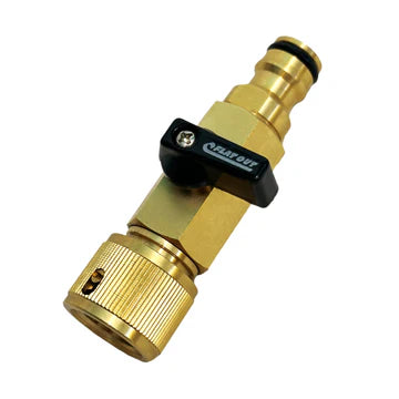 Flat Out brass shut-off valve for tank filling and filter flow control compatible with 12 mm snap hose fittings