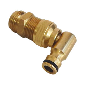 Close-up of brass swivel elbow connector for American-style caravan or RV water inlet fitting