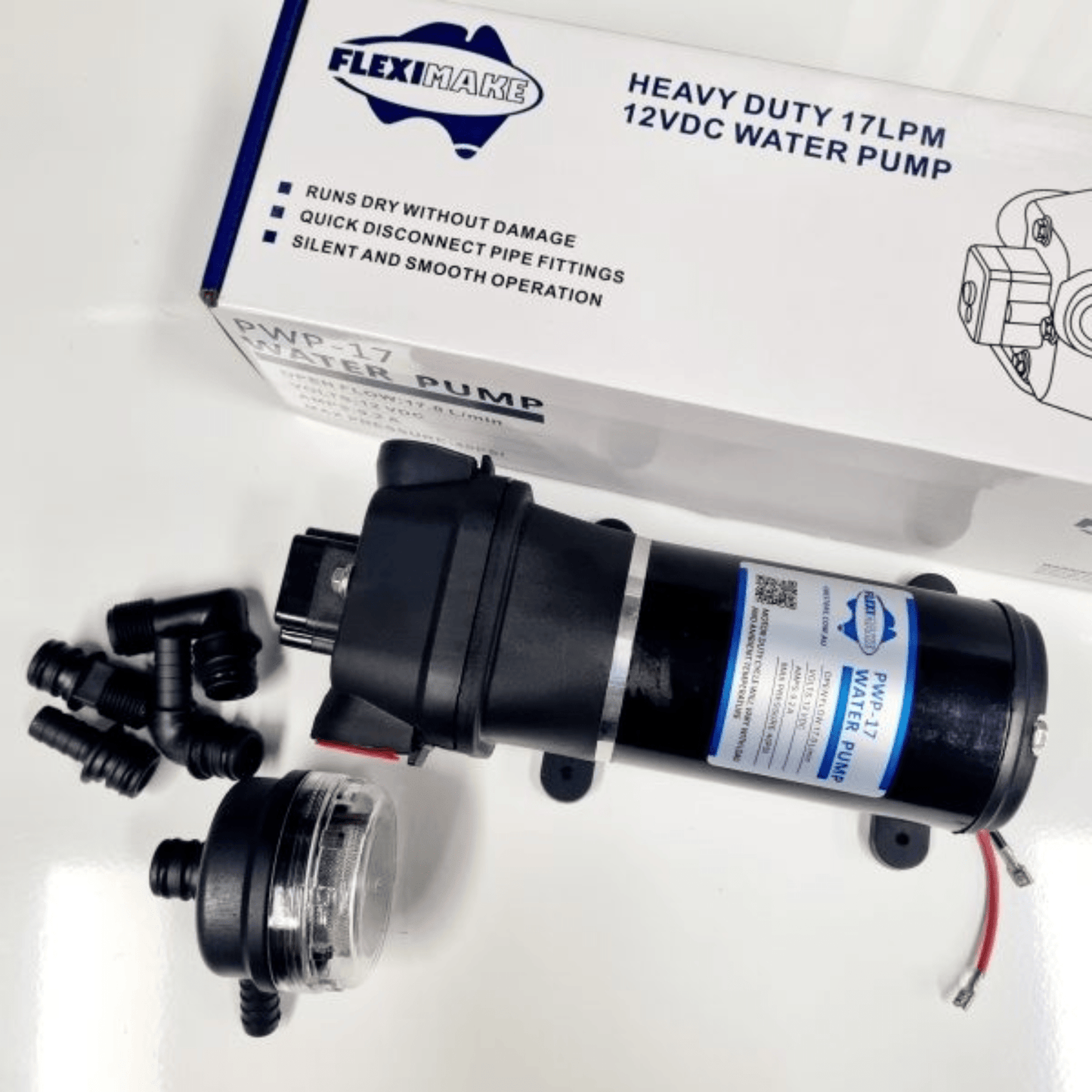 Fleximake High-Flow 12V Transfer Water Pump – 17L/Min with Quick-Connect Fittings