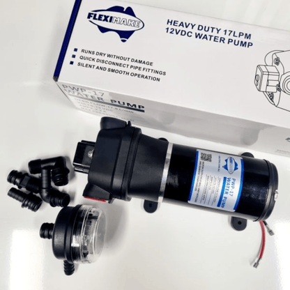 Fleximake High-Flow 12V Transfer Water Pump – 17L/Min with Quick-Connect Fittings