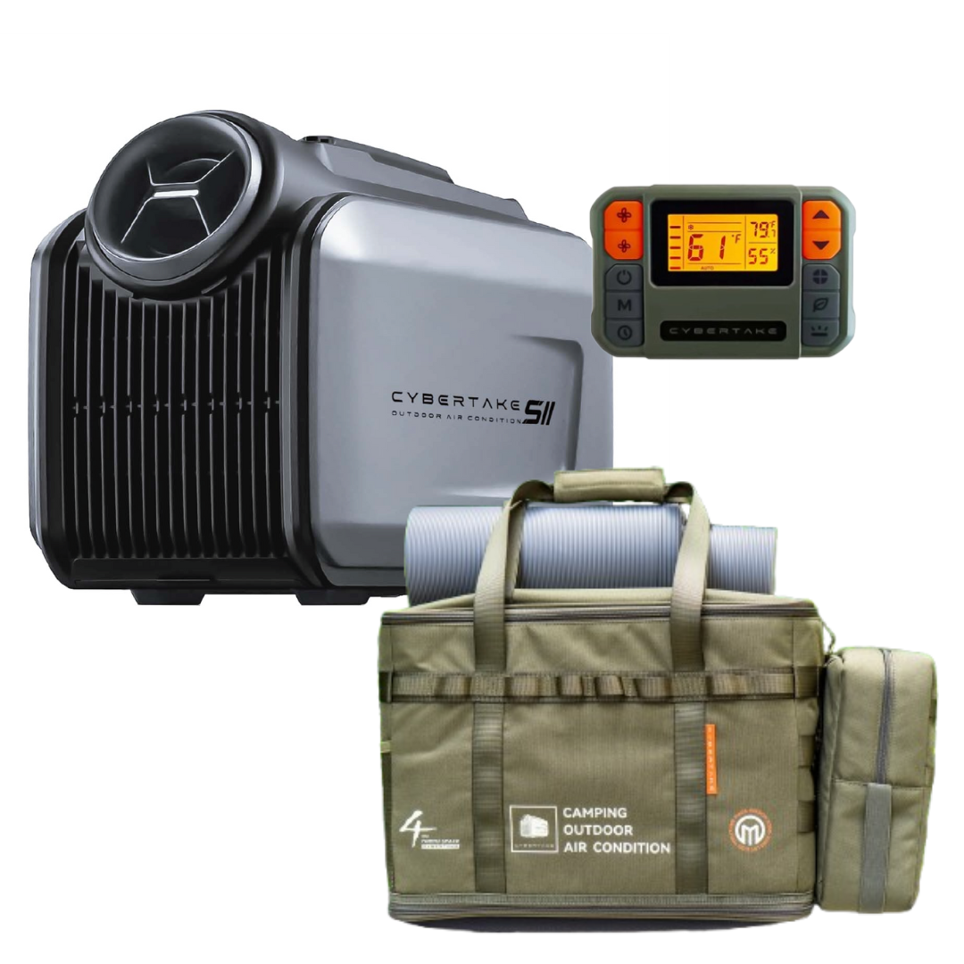 Cybertake S2 Pro portable air conditioner and heater unit with remote and carry bag.