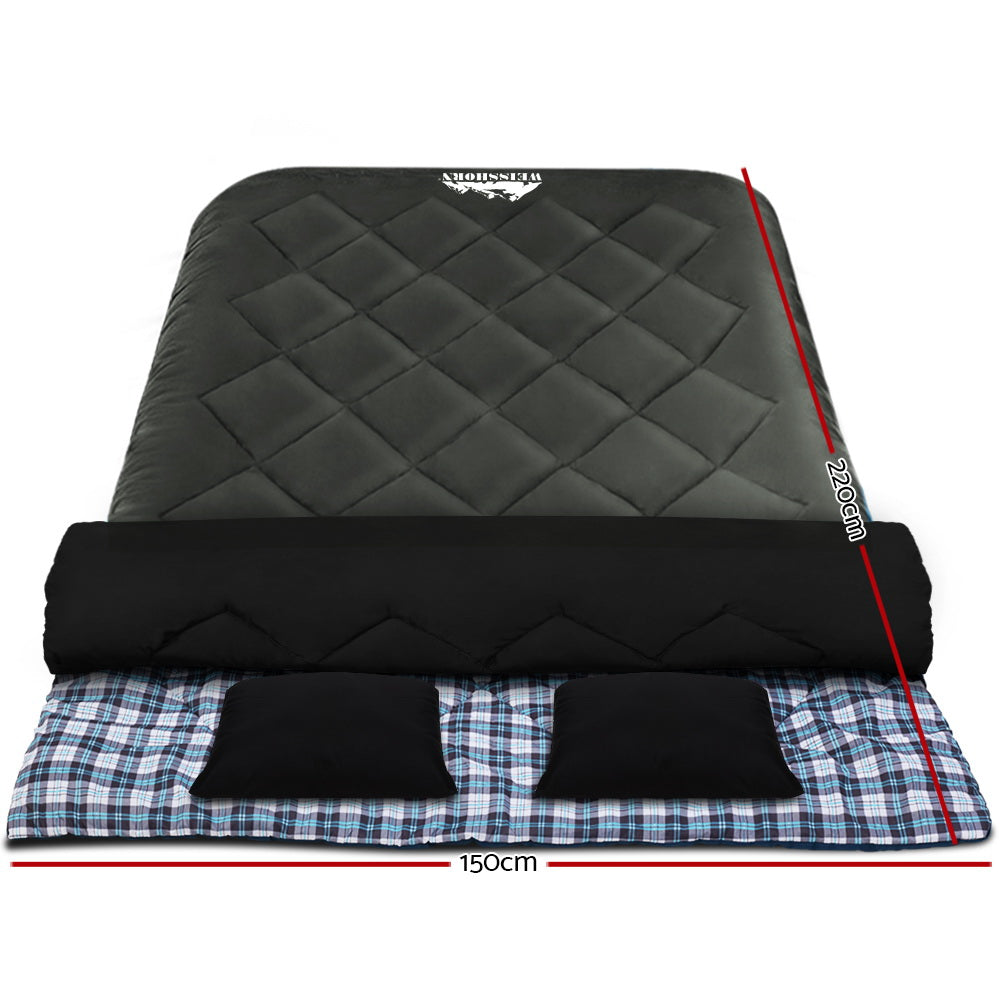 Weisshorn Double Sleeping Bag -10°C | 2-in-1 Camping Comfort with Pillows - Grey