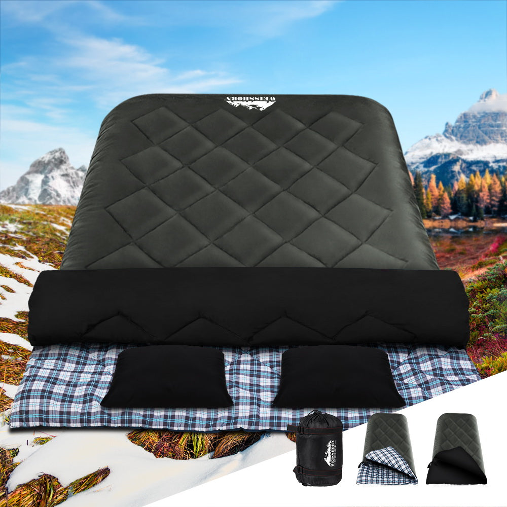 Weisshorn Double Sleeping Bag -10°C | 2-in-1 Camping Comfort with Pillows - Grey