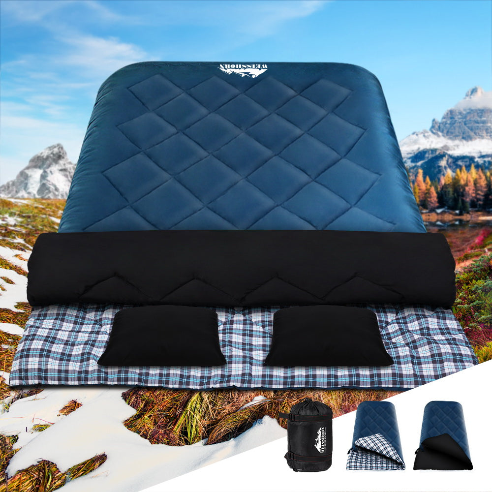 Weisshorn Double Sleeping Bag -10°C | 2-in-1 Camping Comfort with Pillows - Blue