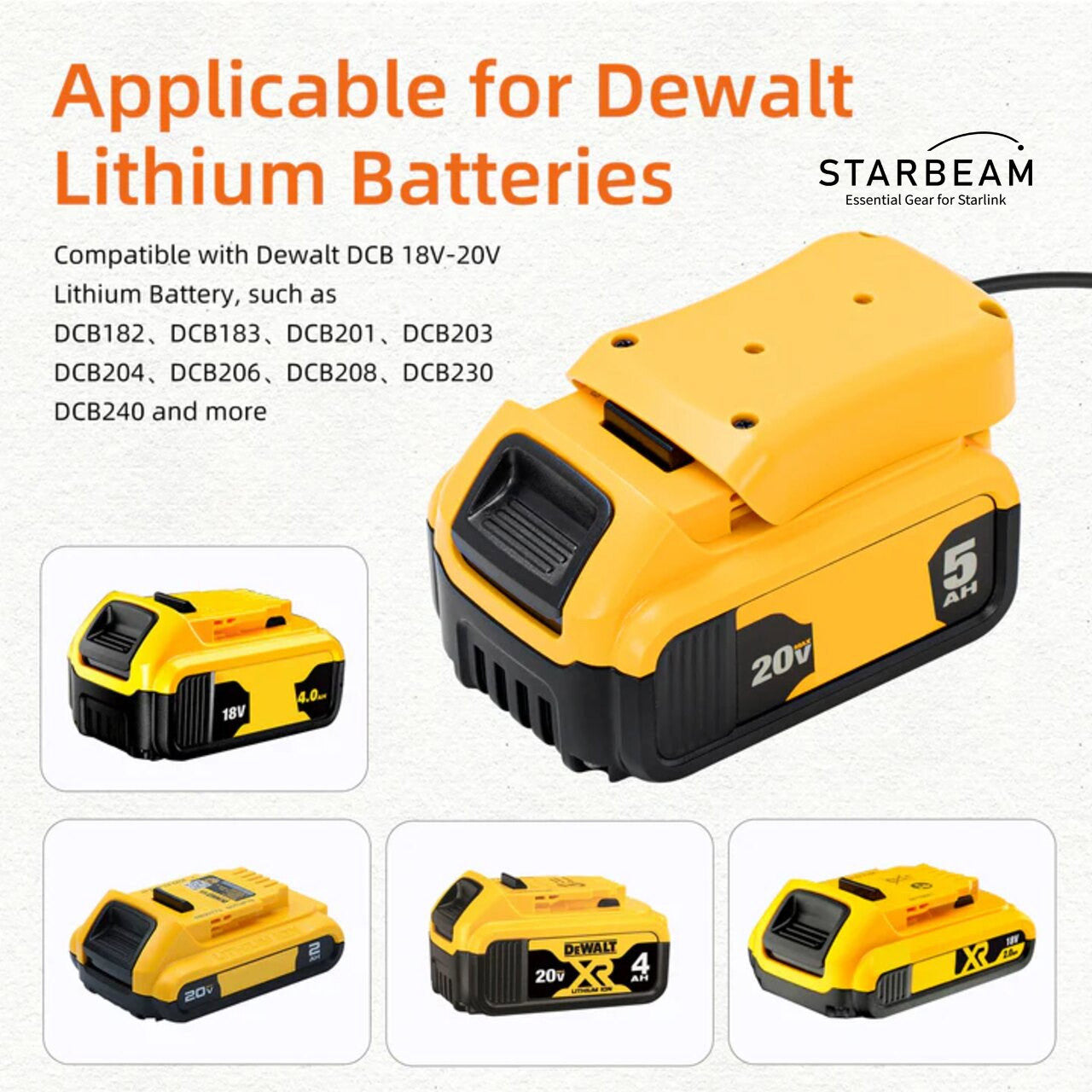 DeWalt 18V–20V battery compatibility chart for Starlink Mini power adapter – DCB182, DCB183, DCB204 and more