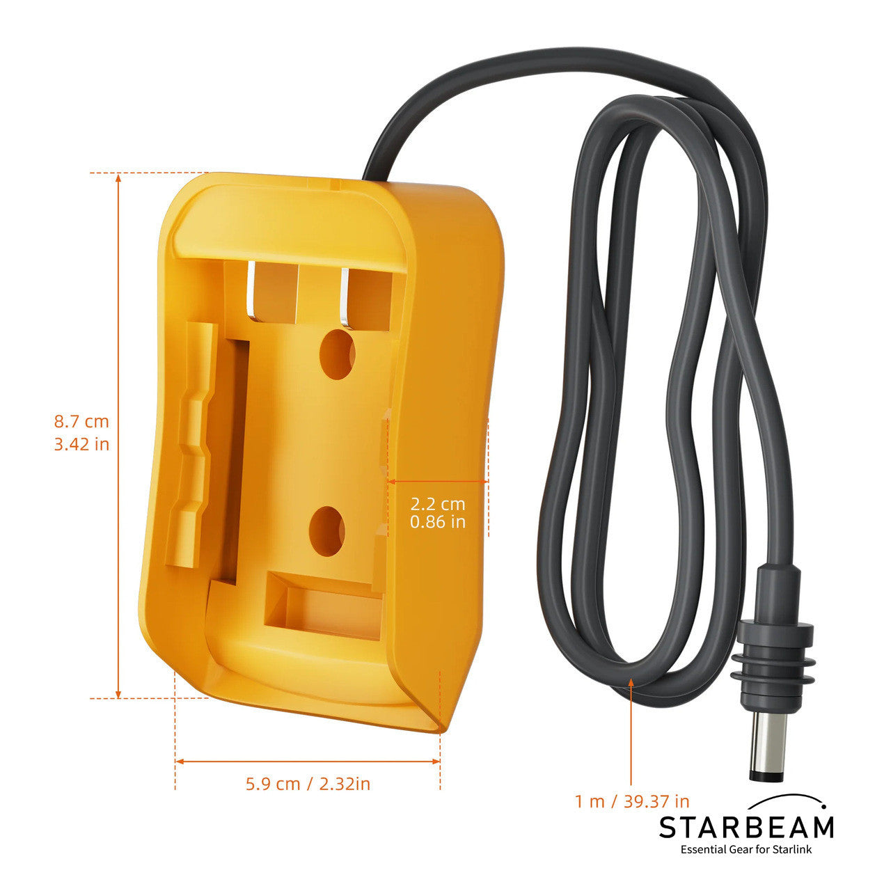 DeWalt 18V Starlink Mini battery adapter dimensions – 8.7cm x 5.9cm x 2.2cm with 1m cable