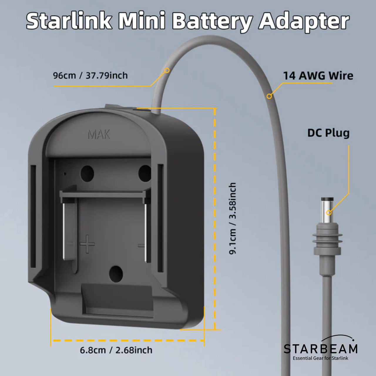 Makita 18V Starlink Mini battery adapter dimensions – 9.1cm x 6.8cm with 96cm cable