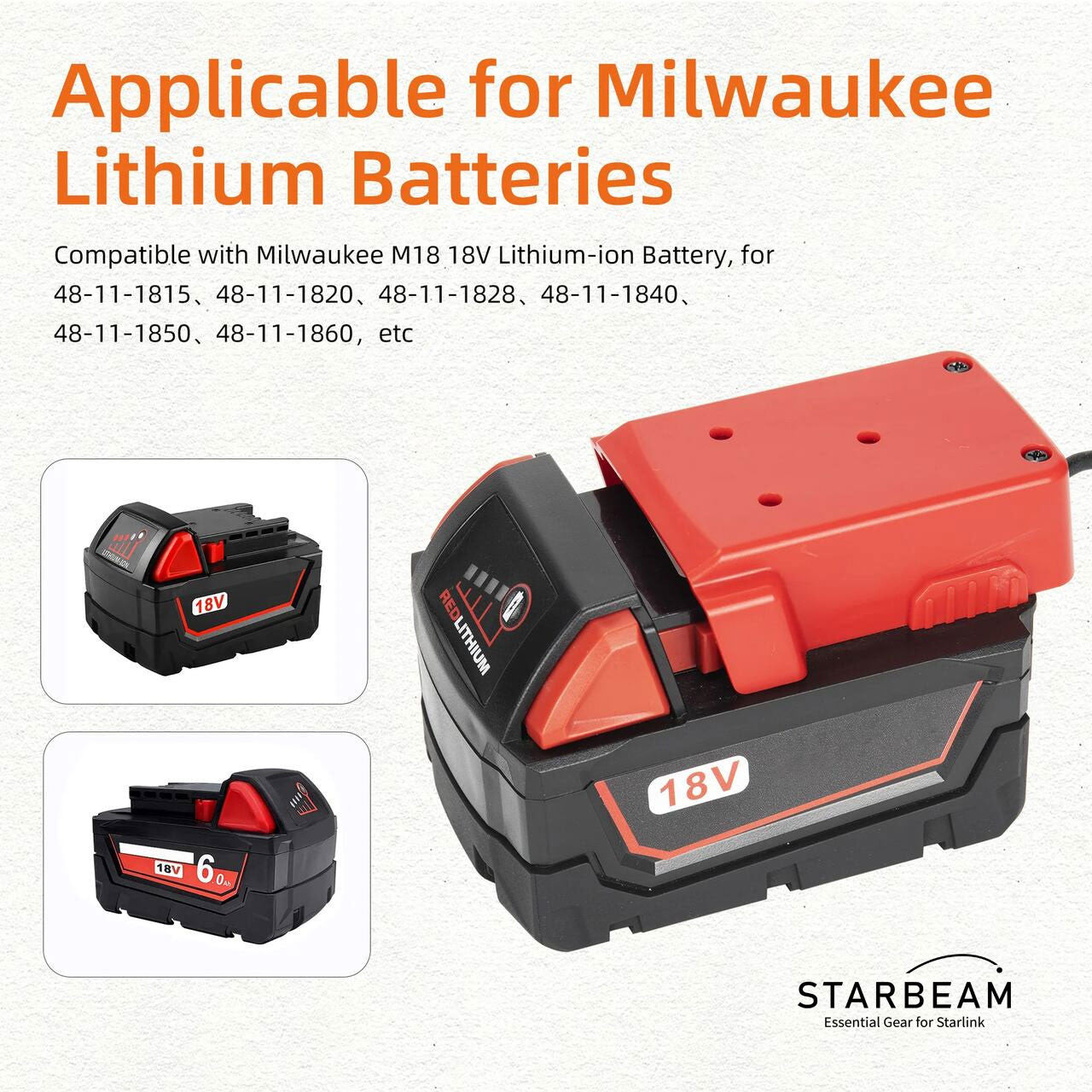 Milwaukee M18 18V battery compatibility chart for Starlink Mini adapter – 48-11-1815, 48-11-1850 and others
