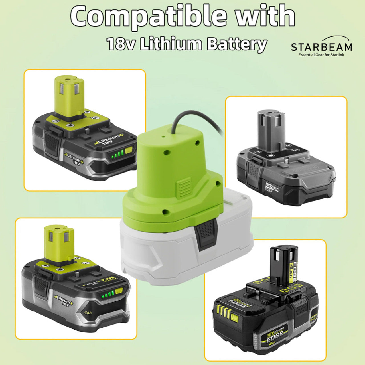 Ryobi 18V Starlink Mini battery adapter showing built-in switch, ABS shell and 18 AWG wire for plug-and-play use
