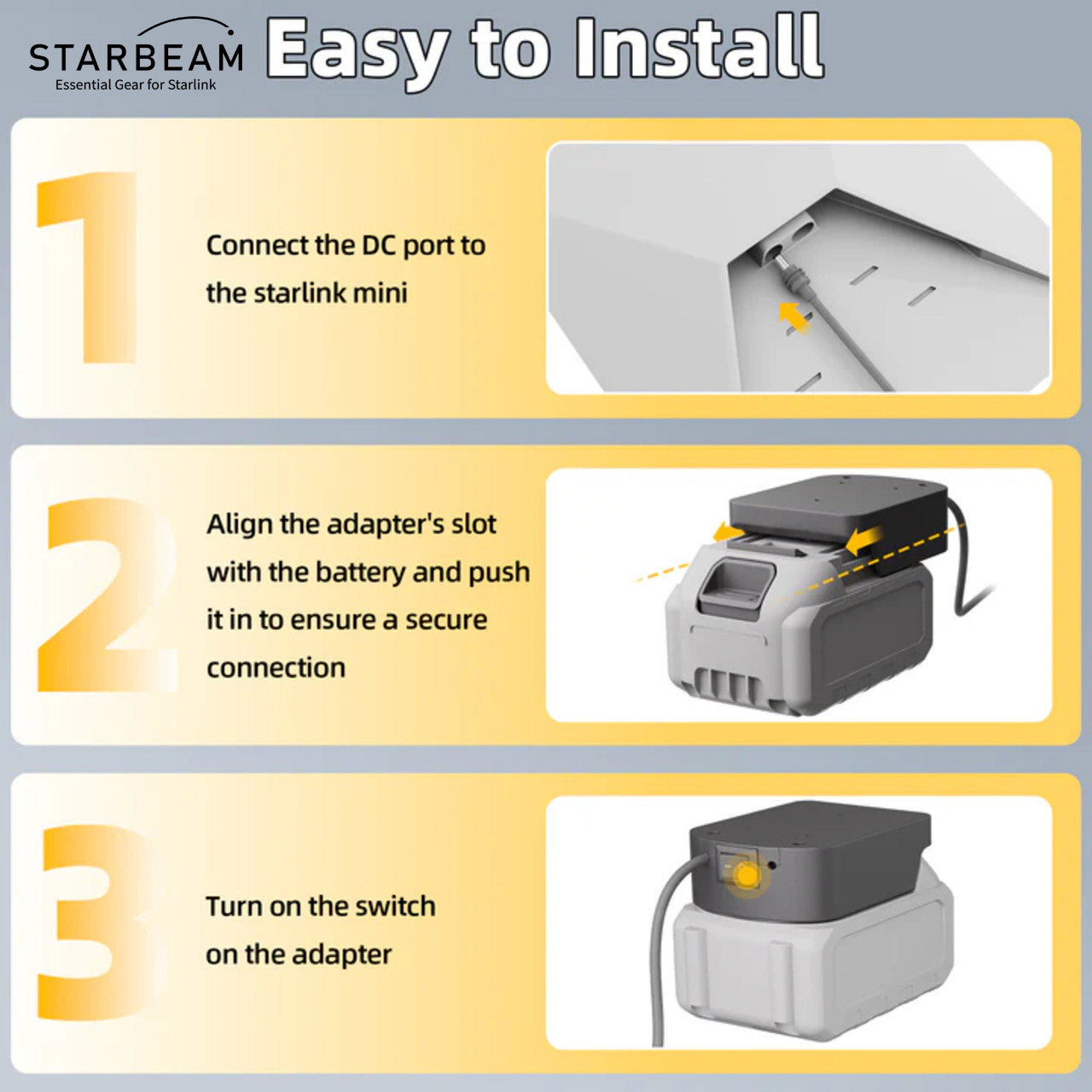 How to install Starlink Mini battery adapter – connect DC port, align battery slot, and power on