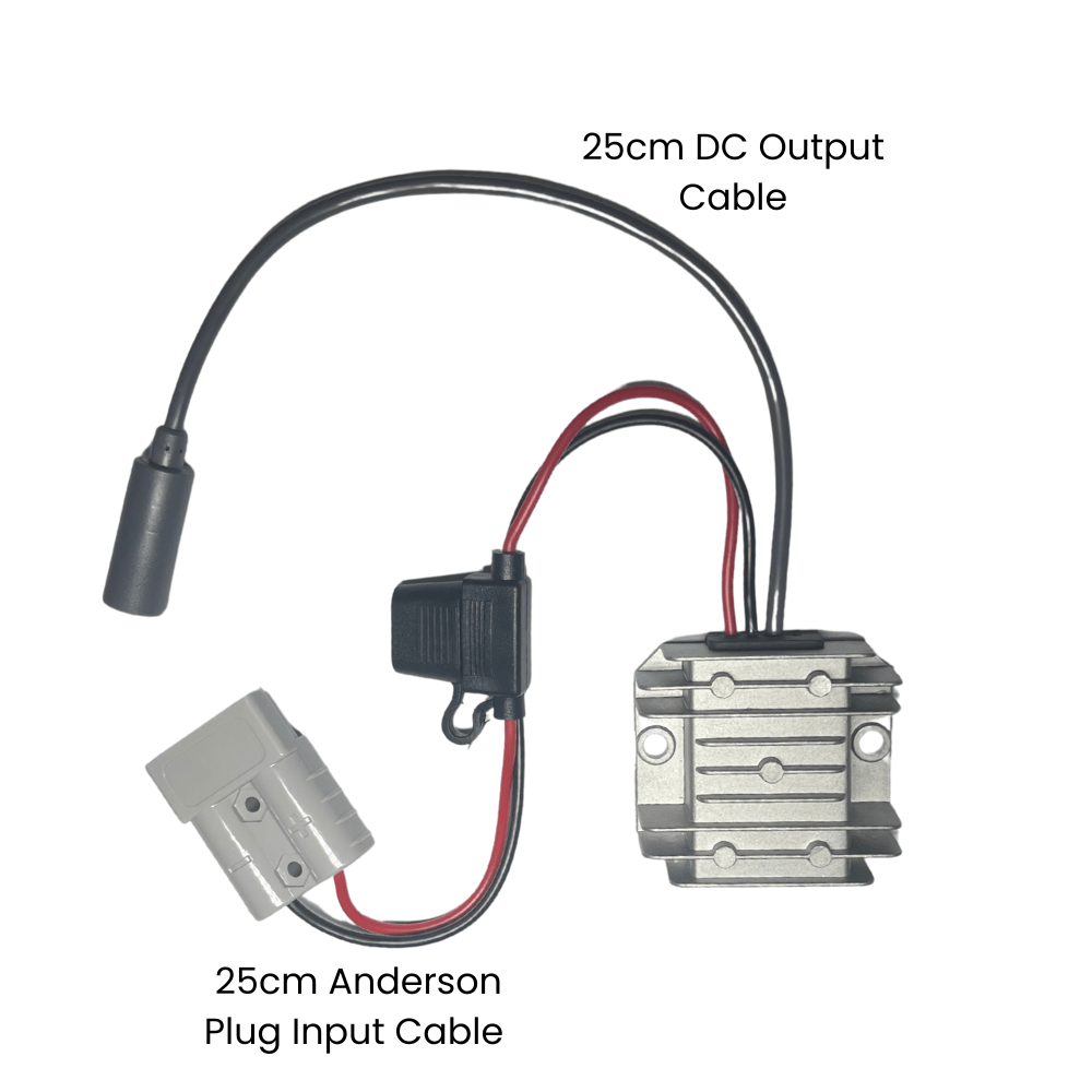 Starlink Mini power supply showing 25cm Anderson plug input and 25cm female output cable