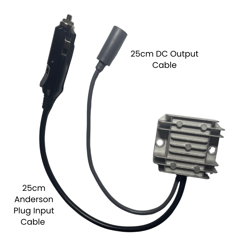 Starlink Mini power supply showing 30cm cigarette plug input and 25cm female output cable