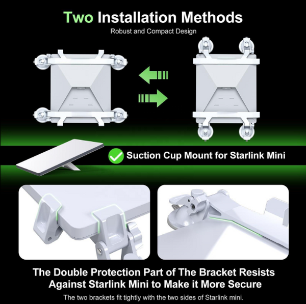 Starlink Mini Suction Mount showing installation methods