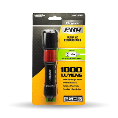 DORCY 1000 Lumen USB Rechargeable Flashlight – Power Bank & Dual Beam