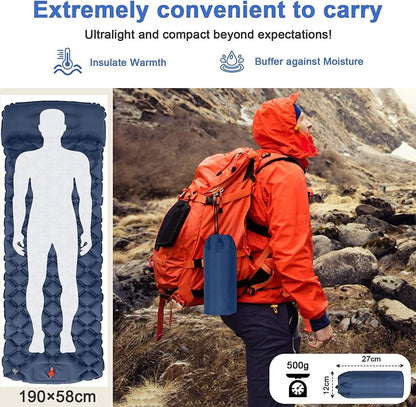 Ultralight Inflatable Camping Sleeping Pad with Built-in Pillow – 6cm Thick Compact, Durable & Foot Pump Operated