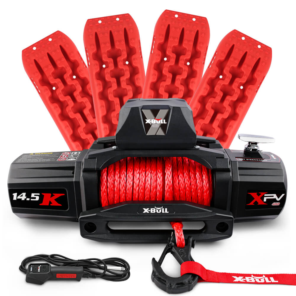 X-BULL electric winch with a wireless remote and two pairs of red Gen2.0 recovery tracks