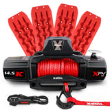X-BULL electric winch with a wireless remote and two pairs of red Gen2.0 recovery tracks