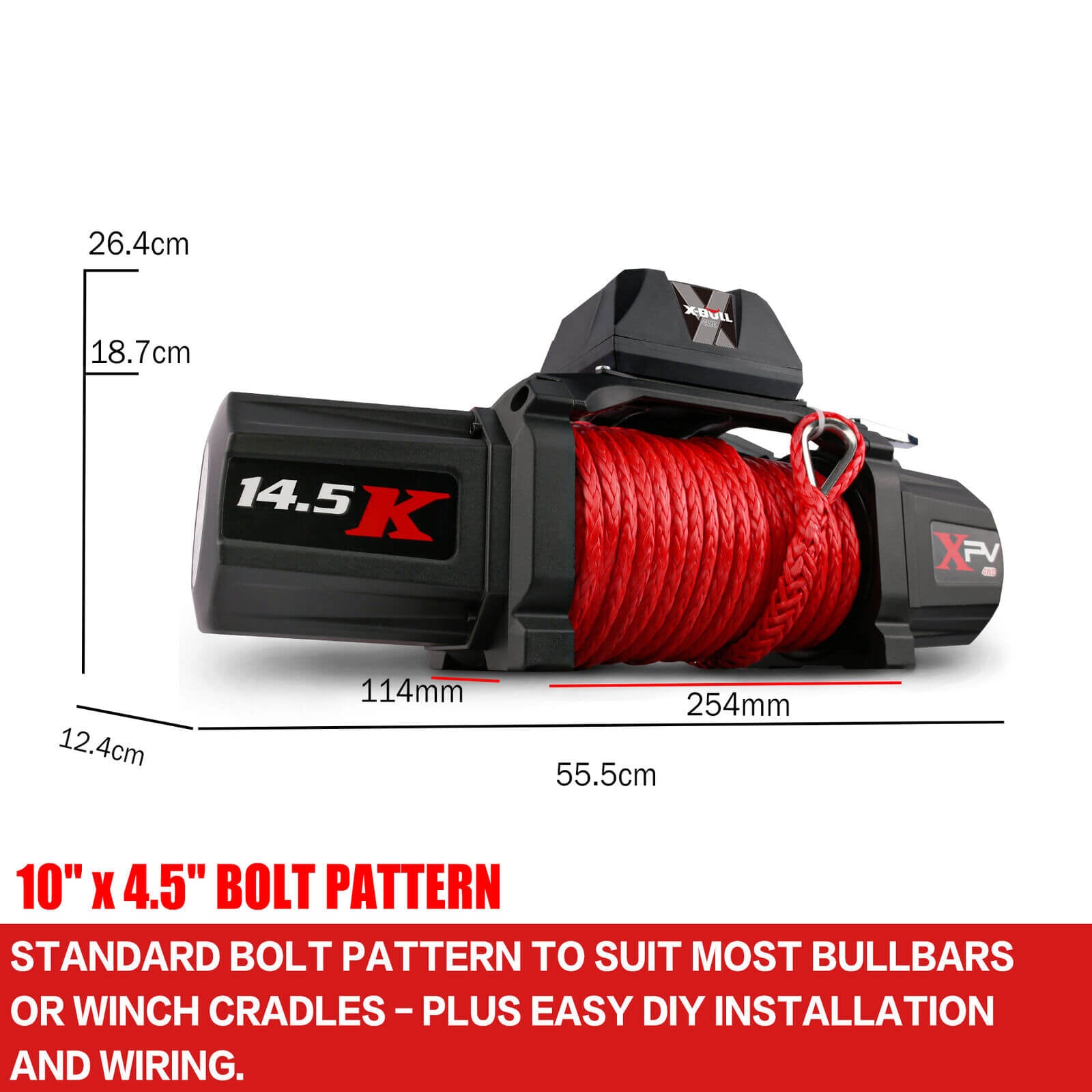 X-BULL electric winch showing the dimensions