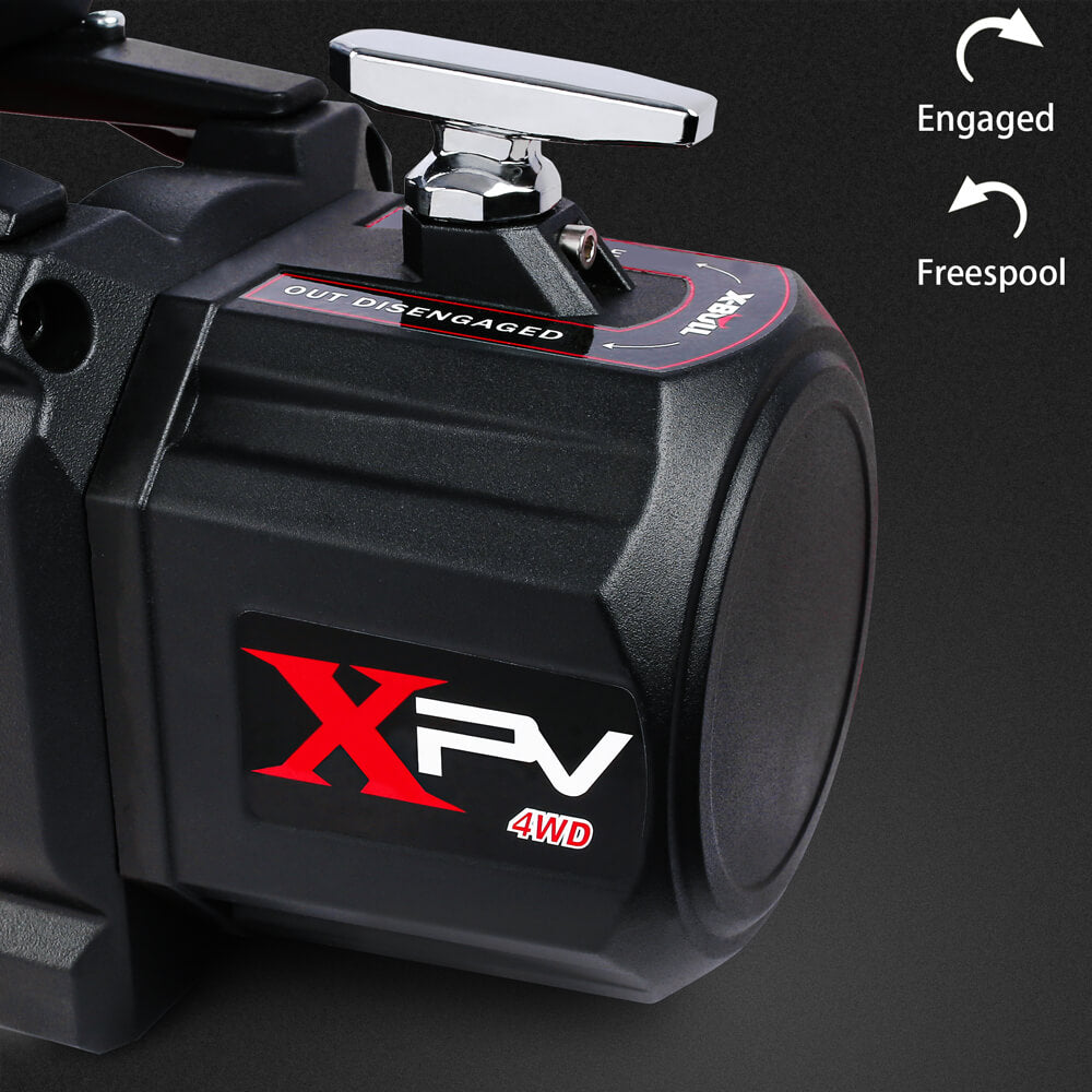 X-BULL electric winch close-up showing the engage and freespool settings