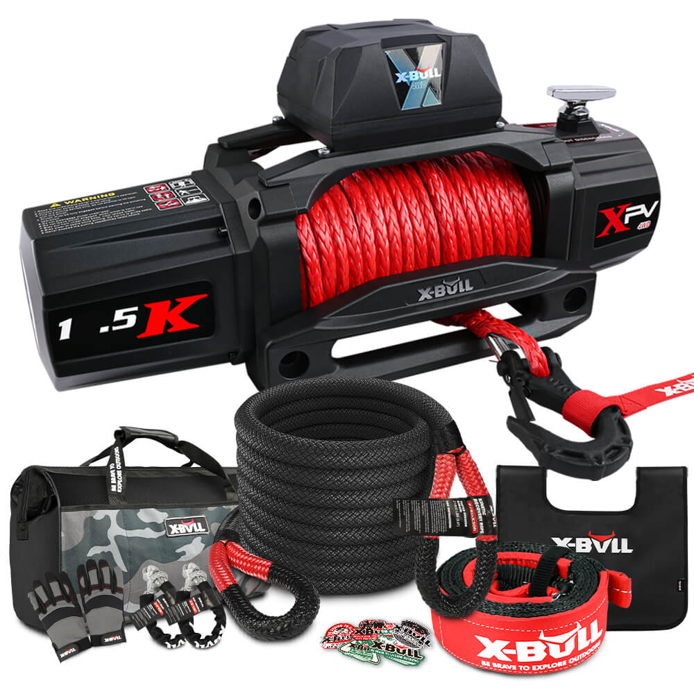 X-BULL 4WD Recovery Kit with electric winch, kinetic recovery rope, snatch strap, soft shackles, and safety gear in black and red colors.