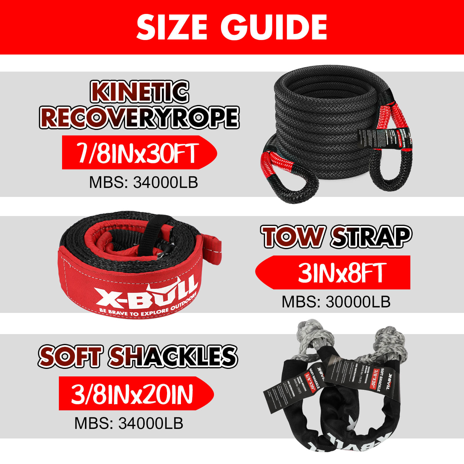 X-BULL 4WD Recovery Kit with electric winch, kinetic recovery rope, snatch strap, soft shackles, and safety gear in black and red colors size guide