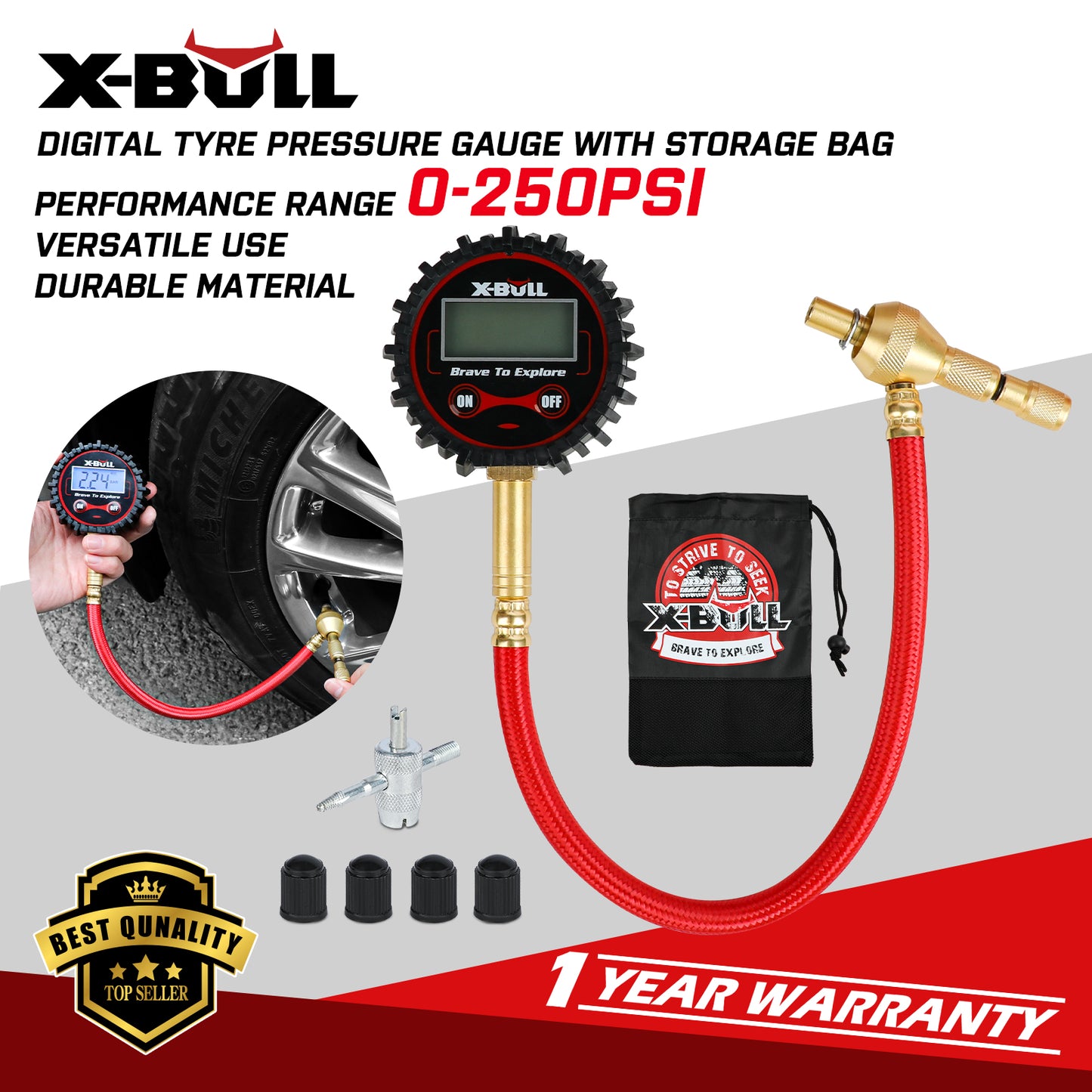 X-BULL Tyre Deflator with Digital Pressure Gauge – 250PSI LED Display | For Car, Motorcycle, and 4WD