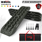 X-BULL Gen 3.0 Recovery Tracks in olive color with included mounting pins and a carry tote, designed for vehicle recovery on tough terrains.