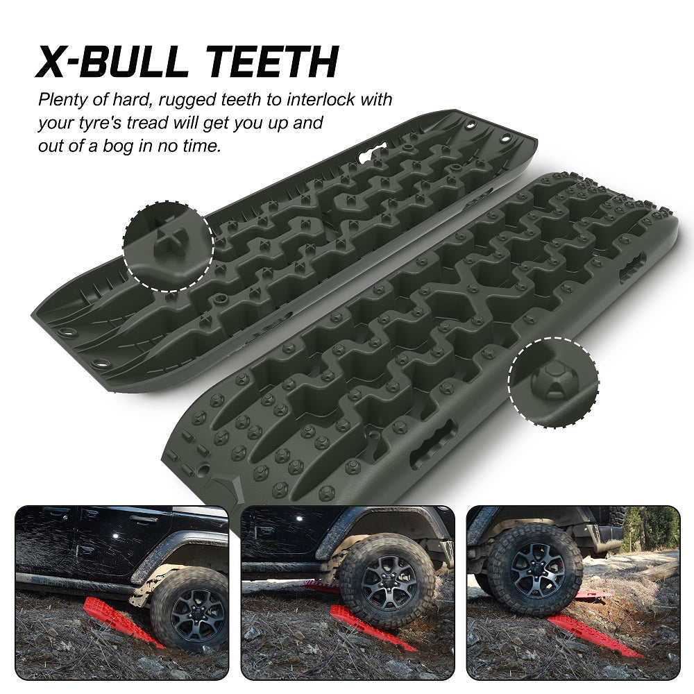 X-BULL Gen 3.0 Recovery Tracks in olive color with explanation of teeth