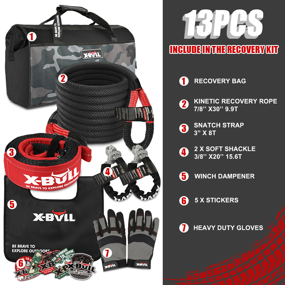 X-BULL 6-Piece 4X4 Off-Road Recovery Kit – Kinetic Rope, Snatch Strap & Winch Damper