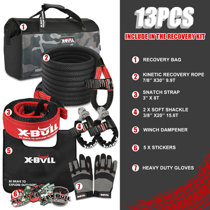 X-BULL 6-Piece 4X4 Off-Road Recovery Kit – Kinetic Rope, Snatch Strap & Winch Damper