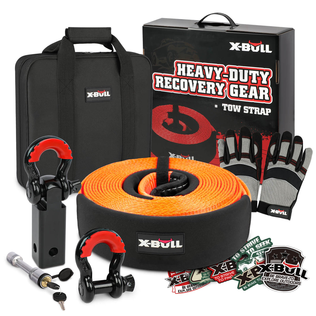 X-BULL 4WD Recovery Kit displayed with a snatch strap, hitch receiver, bow shackles, a durable bag, heavy duty gloves, and stickers.