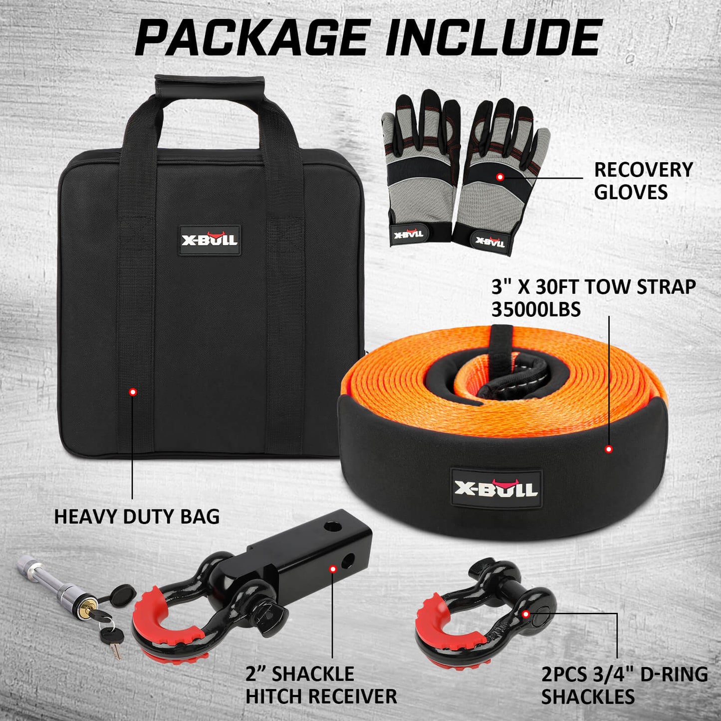 X-BULL 4WD Recovery Kit with Snatch Strap, Hitch Receiver and Bow Shackles