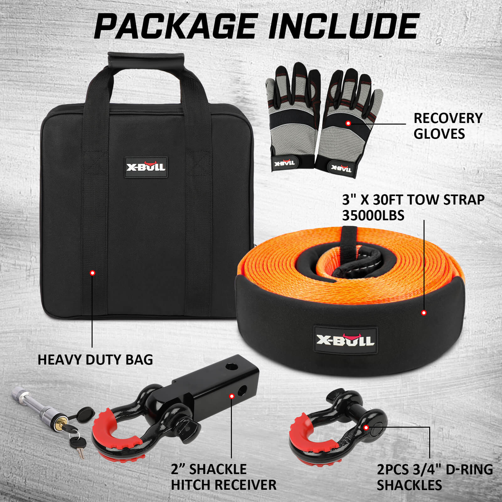 X-BULL 4WD Recovery Kit displayed with a snatch strap, hitch receiver, bow shackles, a durable bag, heavy duty gloves