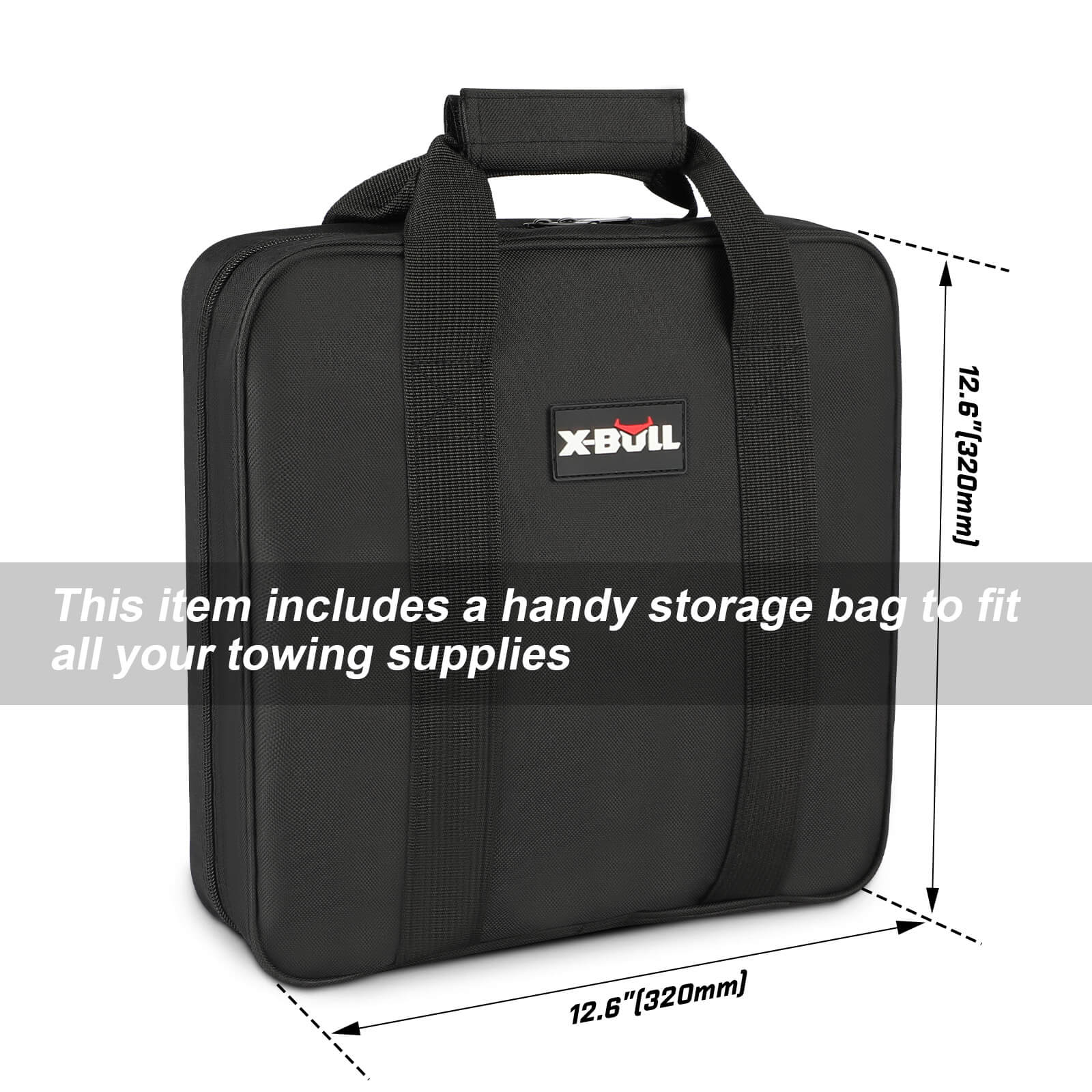 X-BULL 4WD Recovery Kit displayed with a durable bag including dimensions