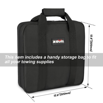 X-BULL 4WD Recovery Kit displayed with a durable bag including dimensions