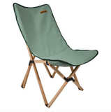 A green foldable outdoor camping chair with a canvas seat and a beech wood frame.